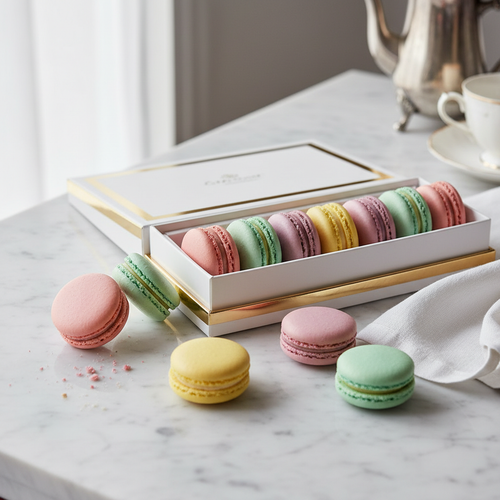 Box of assorted French macarons in pastel colors