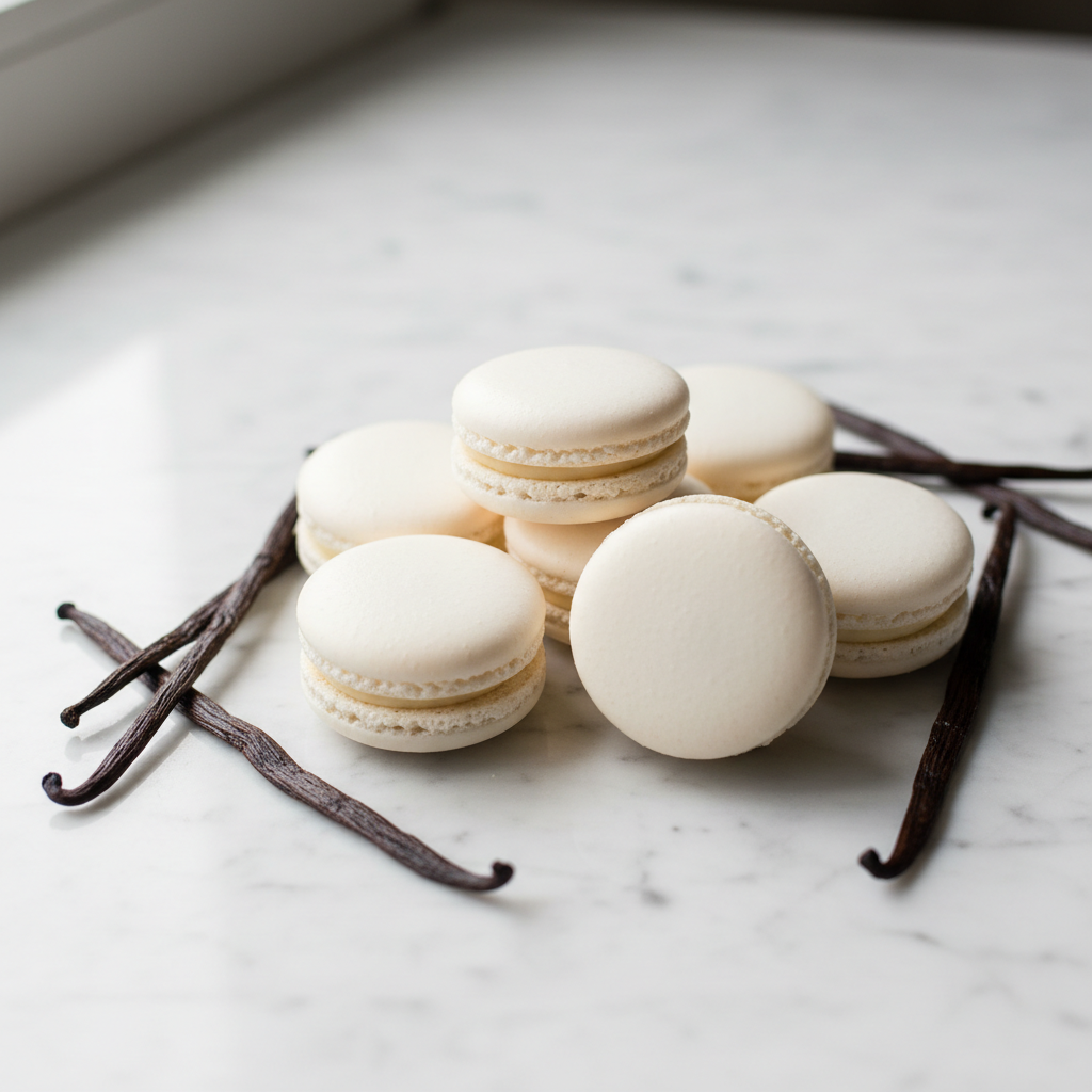 White macarons with vanilla beans